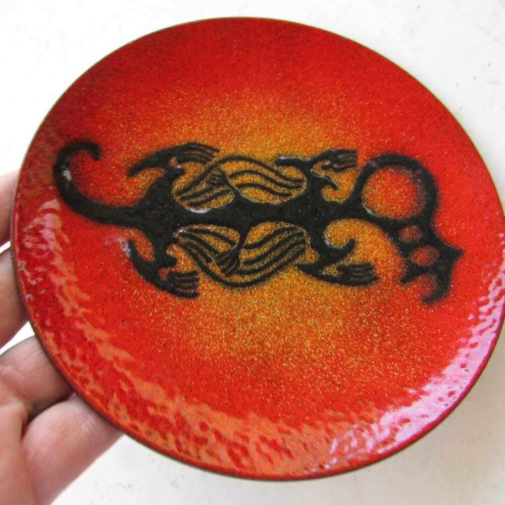 Orange and Black Mid Century Enamel and Metal Plate